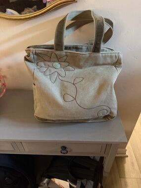 Sherpani Olive Canvas Tote with Floral Stitching